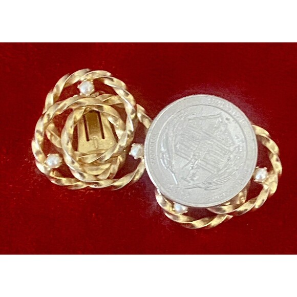 Vintage Gold-Plated Open Twist Lover's Knot Brooch and Earring Set Faux Pearl Ex - Picture 11 of 12
